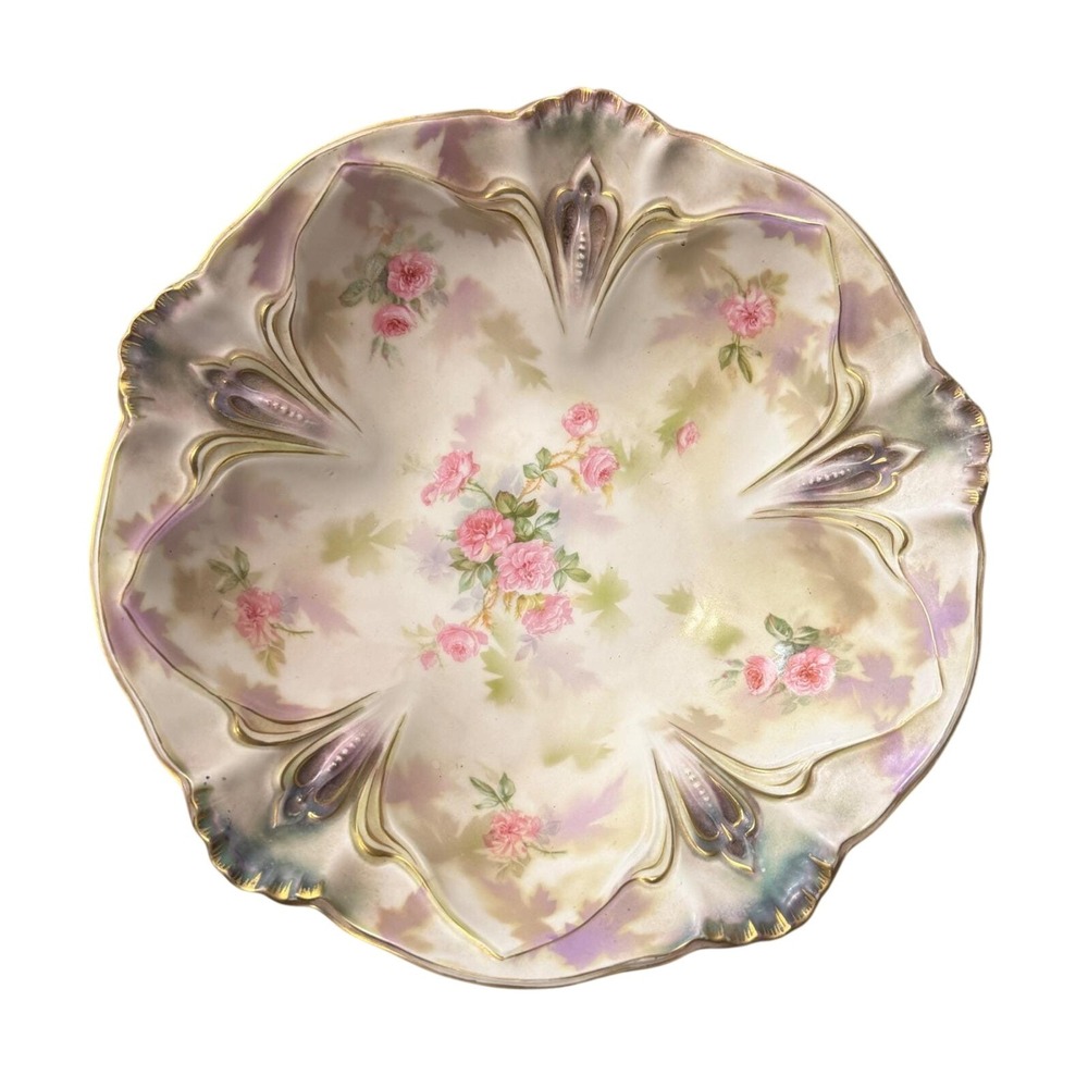 Antique RS Prussia Porcelain Bowl Pink Roses Gold Gilt Fleur-De-Lis Red Mark